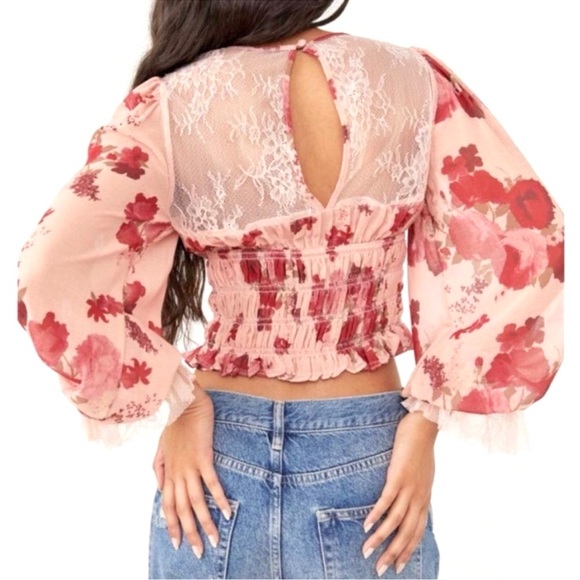 {Free People} "Daphne" Floral Lace Peplum Crop Peasant Blouse - Picture 4 of 13